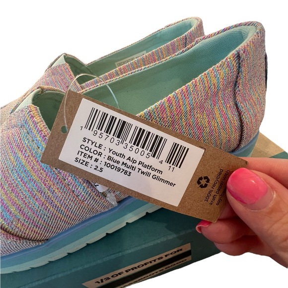 NWT TOMS Girls Alp Platform Loafers in Blue Multi Twill Glimmer size youth 2.5 - Picture 5 of 9